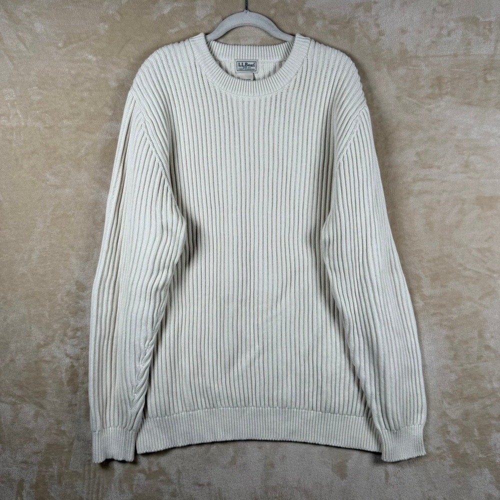 LL Bean Mens XL Tall Cream Shaker Stitch Ribbed Cotton Crewneck Sweater Nautical
